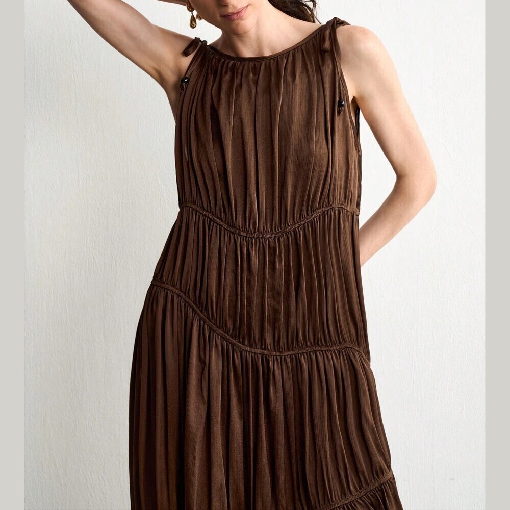 Chocolate Brown Tiered Cinched Maxi Dress with Shoulder Ties - Picture 2 of 9